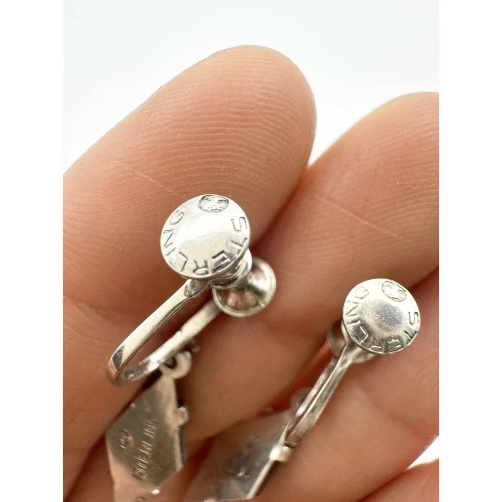 Vintage Sterling Silver Hematite Earrings Diamond Shape Screw Back